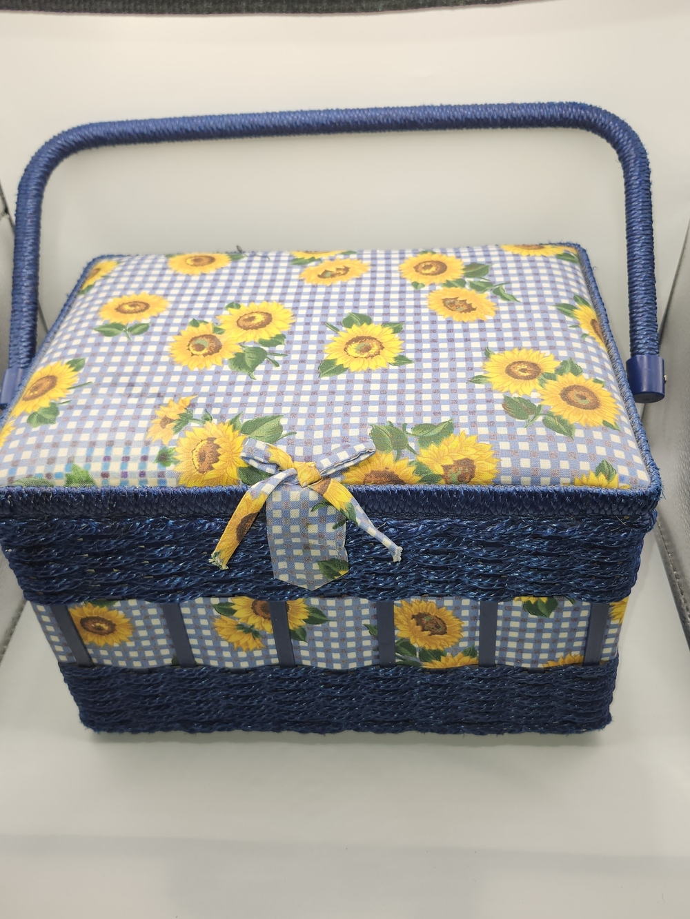 Vtg Wicker Sewing Basket Blue With Sunflowers Notions Storage Box With Handle